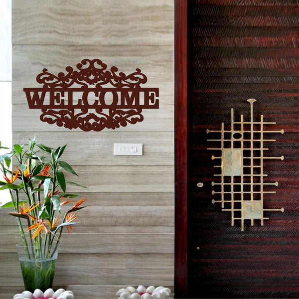 Mahogany Brown “Welcome” Wooden Wall Hanging – A Touch of Elegance and Warmth