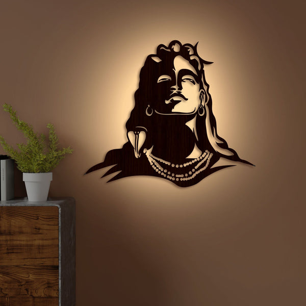 Lord Shiva Premium Backlit Design Wooden Wall Hanging with LED Night Light Walnut Finish