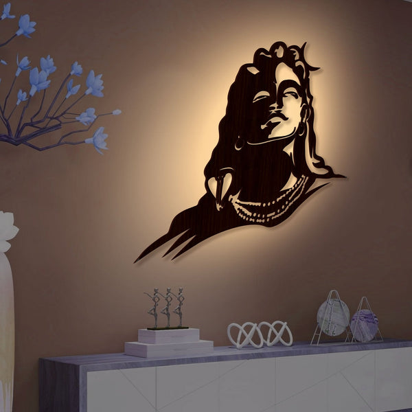Lord Shiva Premium Backlit Design Wooden Wall Hanging with LED Night Light Walnut Finish