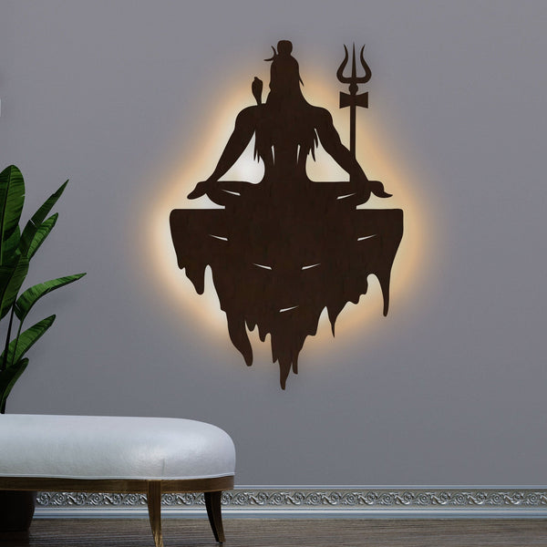 Lord Shiva Premium Backlit Design Wooden Wall Hanging with LED Night Light Walnut Finish