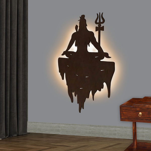 Lord Shiva Premium Backlit Design Wooden Wall Hanging with LED Night Light Walnut Finish
