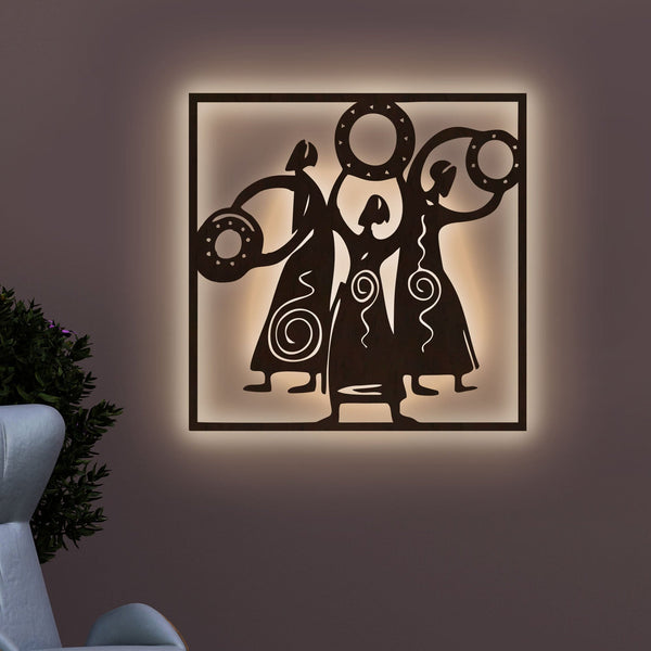 Tribal Women Folk Dance Backlit Wooden Wall Decor with LED Night Light Walnut Finish