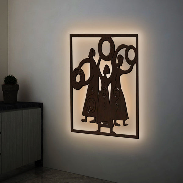Tribal Women Folk Dance Backlit Wooden Wall Decor with LED Night Light Walnut Finish