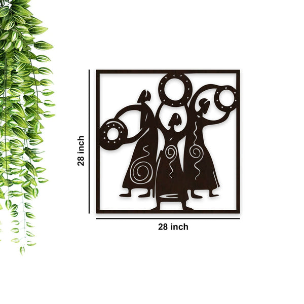 Tribal Women Folk Dance Backlit Wooden Wall Decor with LED Night Light Walnut Finish