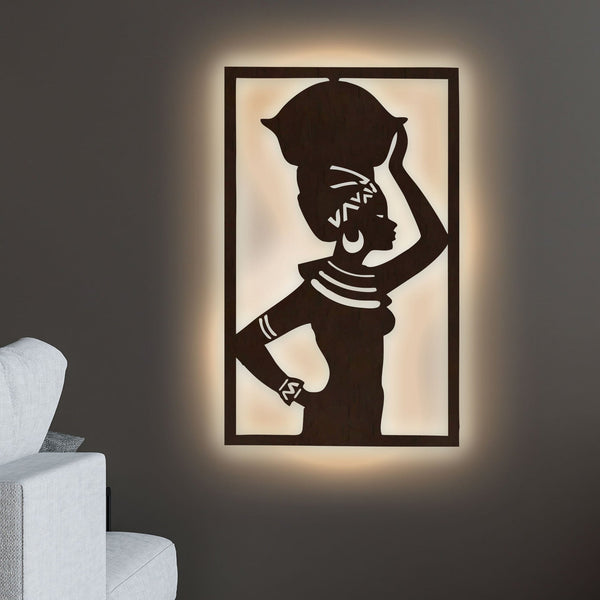 Elegant African Women Backlit Wooden Wall Hanging with LED Night Light Walnut Finish