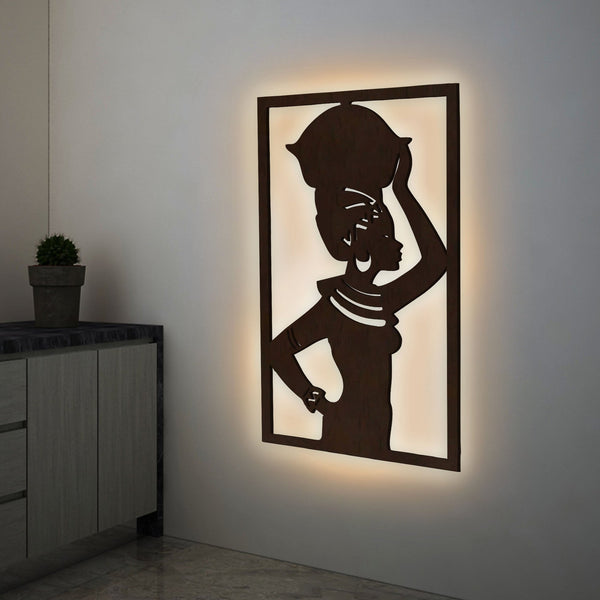 Elegant African Women Backlit Wooden Wall Hanging with LED Night Light Walnut Finish