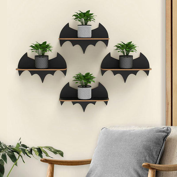 Batman-Shaped Premium Wooden Wall Shelf – Set of 4 (Walnut Finish)