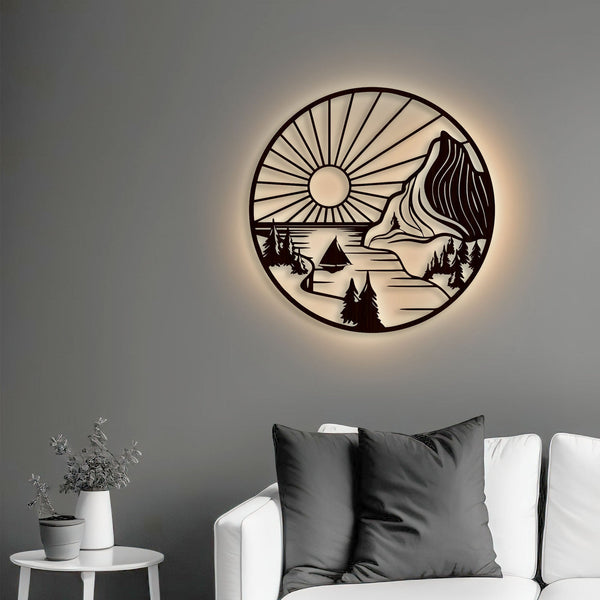 Elegant Mountain & Rising Sun Backlit Wooden Wall Decor – Walnut Finish