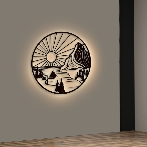 Elegant Mountain & Rising Sun Backlit Wooden Wall Decor – Walnut Finish