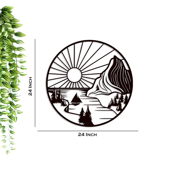 Elegant Mountain & Rising Sun Backlit Wooden Wall Decor – Walnut Finish