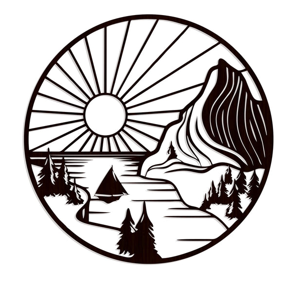 Elegant Mountain & Rising Sun Backlit Wooden Wall Decor – Walnut Finish