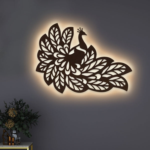Elegant Peacock Wings Backlit Wooden Wall Decor with LED – Walnut Finish
