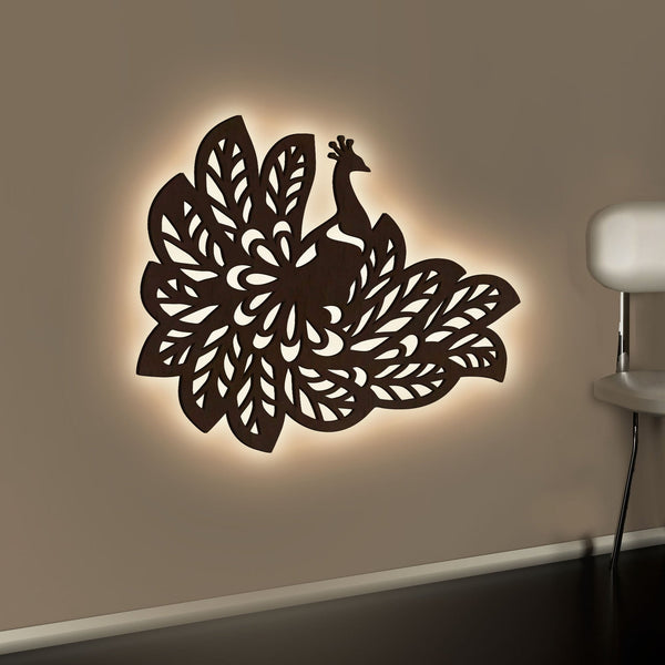 Elegant Peacock Wings Backlit Wooden Wall Decor with LED – Walnut Finish