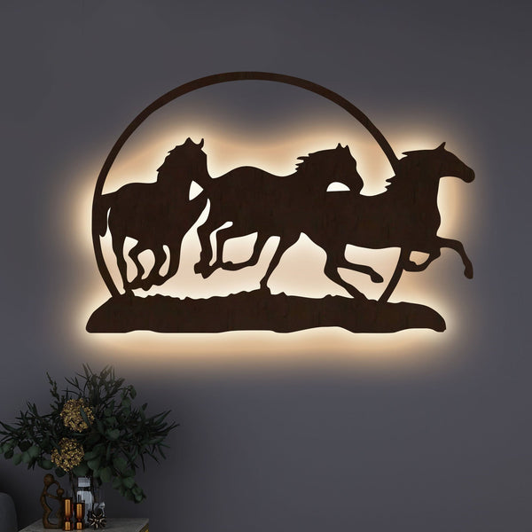 Elegant Running Horse Backlit Wooden Wall Decor – Walnut Finish