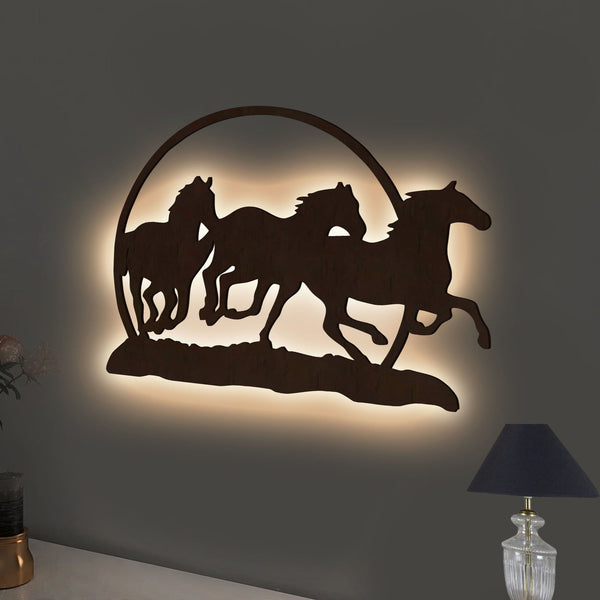 Elegant Running Horse Backlit Wooden Wall Decor – Walnut Finish