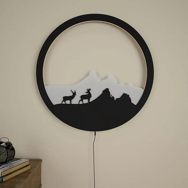 Beautiful Scenery Deer LED Wooden Wall Light – Walnut Finish