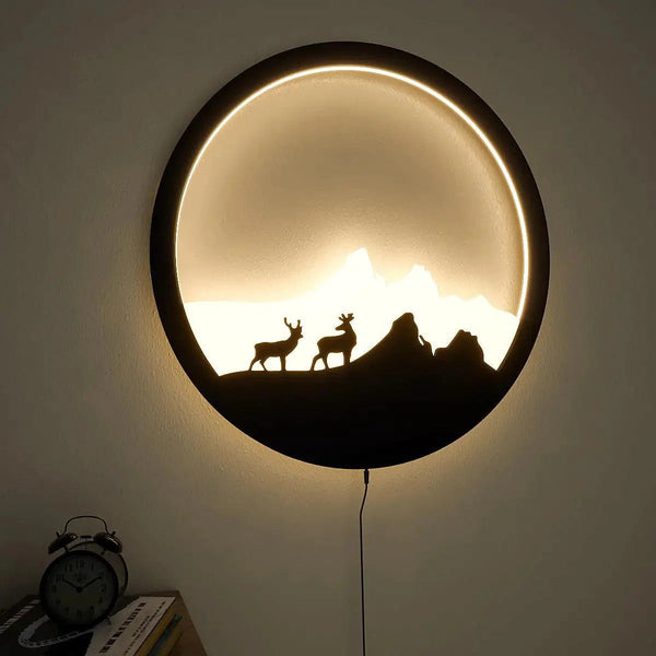 Beautiful Scenery Deer LED Wooden Wall Light – Walnut Finish