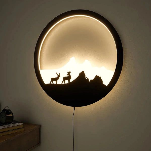 Beautiful Scenery Deer LED Wooden Wall Light – Walnut Finish