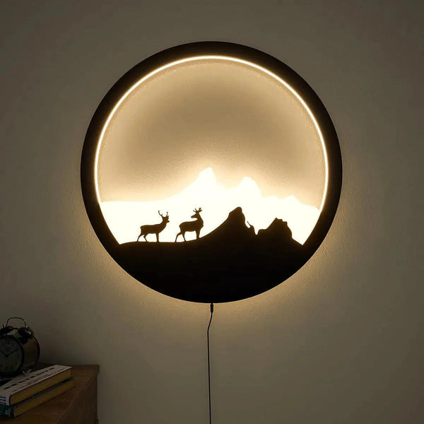 Beautiful Scenery Deer LED Wooden Wall Light – Walnut Finish