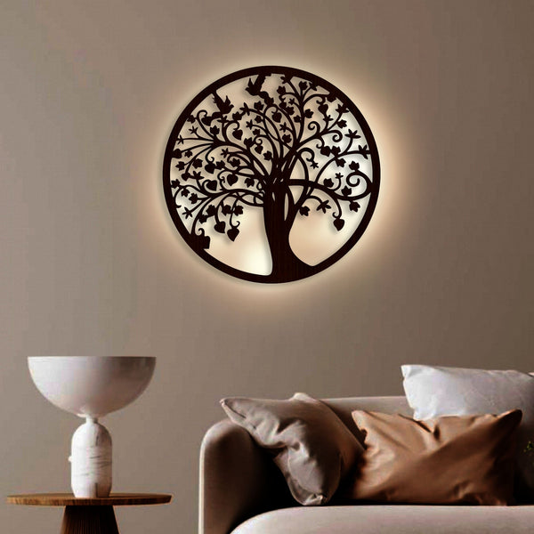 Tree of Life Round Backlit Wooden Wall Hanging – Walnut Finish