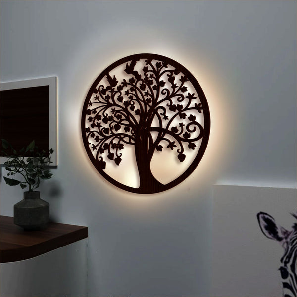 Tree of Life Round Backlit Wooden Wall Hanging – Walnut Finish