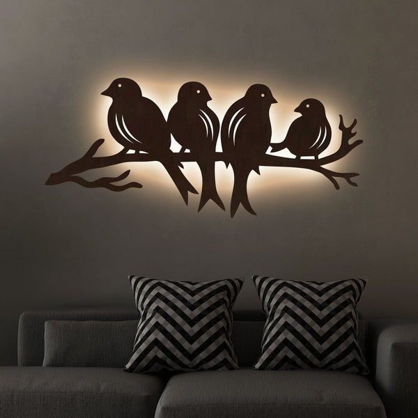 Birds on a Branch Backlit Wooden Wall Decor with LED Night Light – Walnut Finish