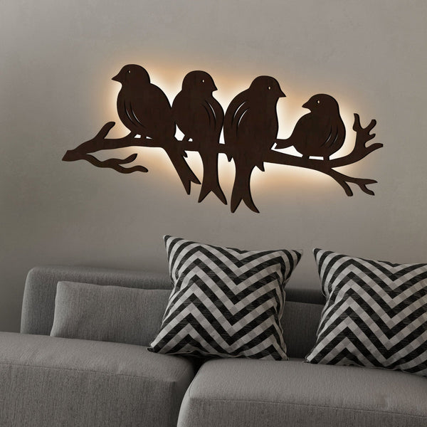 Birds on a Branch Backlit Wooden Wall Decor with LED Night Light – Walnut Finish