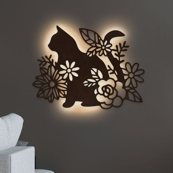 Cat with Flower Backlit Wooden Wall Décor with LED Night Light – Walnut Finish