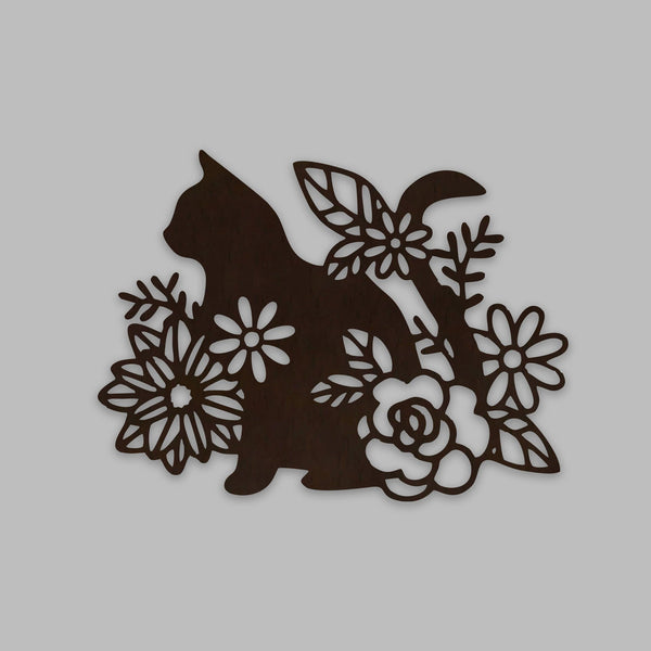 Cat with Flower Backlit Wooden Wall Décor with LED Night Light – Walnut Finish