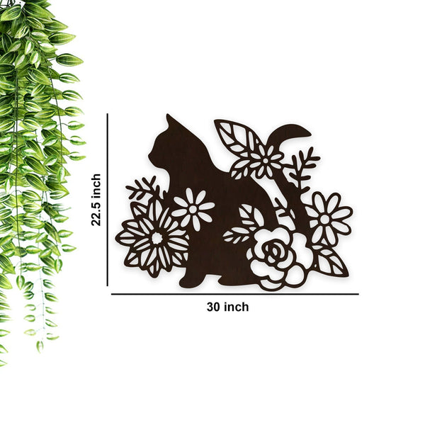 Cat with Flower Backlit Wooden Wall Décor with LED Night Light – Walnut Finish