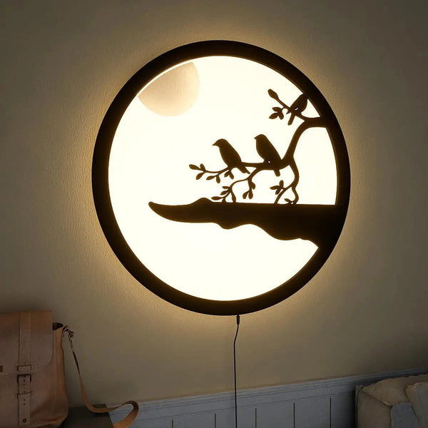 Chirping Birds Round Backlit Wooden Wall Décor with LED Night Light