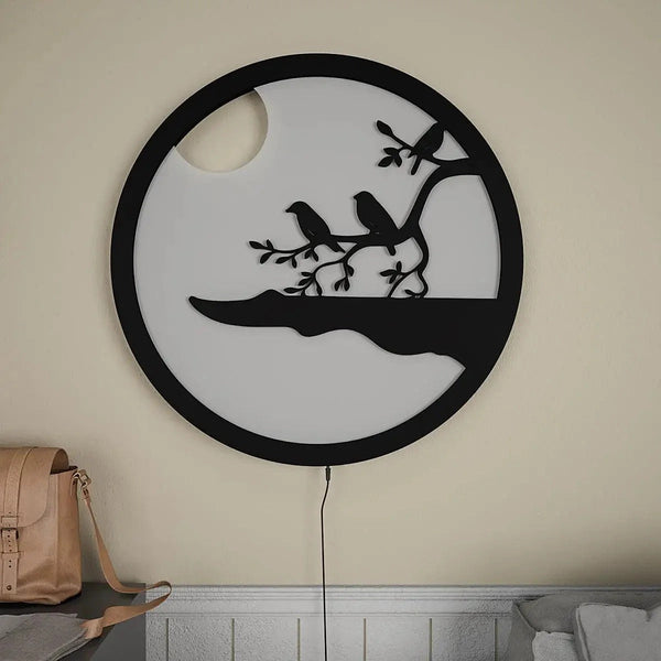 Chirping Birds Round Backlit Wooden Wall Décor with LED Night Light