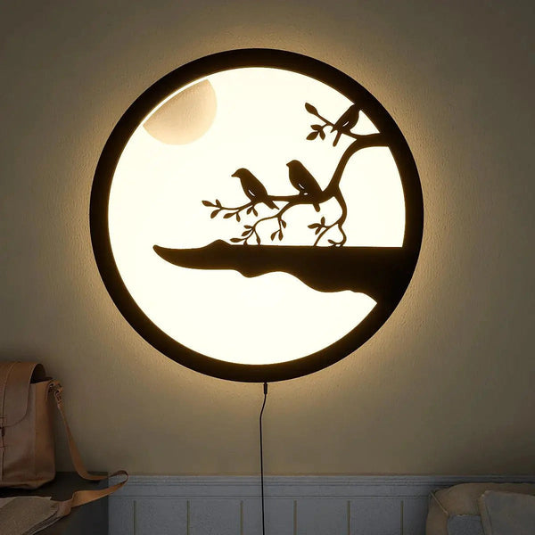 Chirping Birds Round Backlit Wooden Wall Décor with LED Night Light