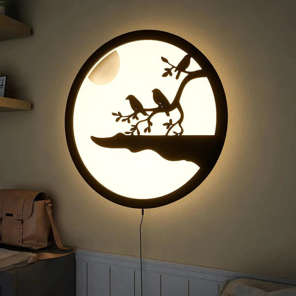 Chirping Birds Round Backlit Wooden Wall Décor with LED Night Light