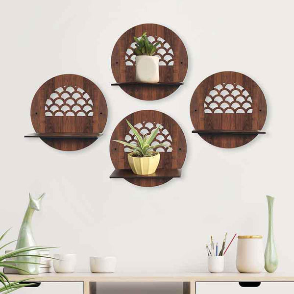 Circular Modern Wall Shelves with Walnut Finish – Set of 4