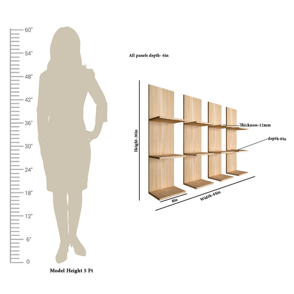 Classic Wooden Vertical Wall Shelf – Set of 4 in Light Oak Finish