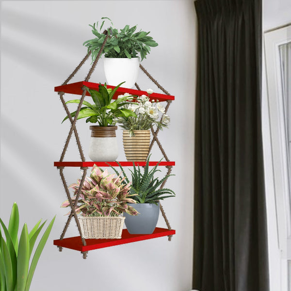 Cross Rope Wooden Wall Hanging Planter Shelf – Red