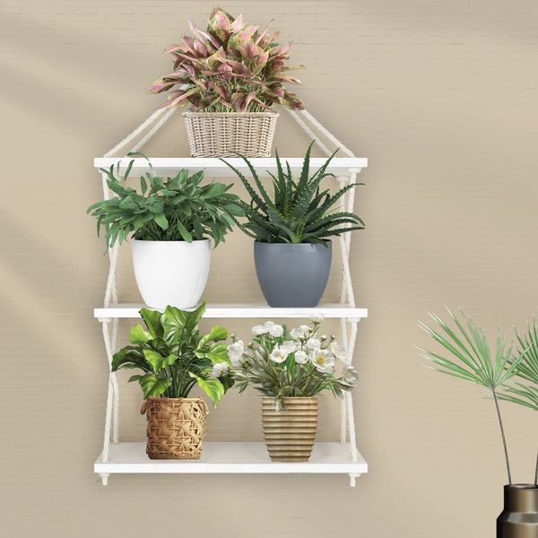 Cross Rope Wooden Wall Hanging Planter Shelf – White