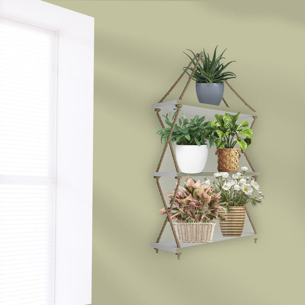 Cross Rope Wooden Wall Hanging Planter Shelf – White