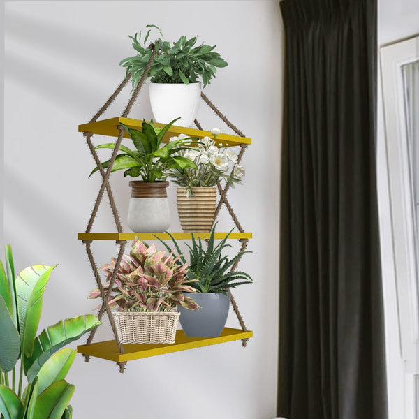 Cross Rope Wooden Wall Hanging Planter Shelf – Yellow