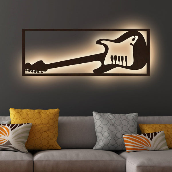 Guitar Backlit Wooden Wall Decor with LED Night Light Walnut Finish