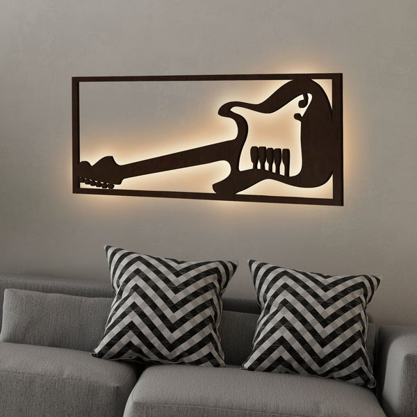 Guitar Backlit Wooden Wall Decor with LED Night Light Walnut Finish