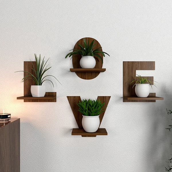 Designer ‘LOVE’ Text Alphabet Dark Walnut Planter Shelf – Set of 4