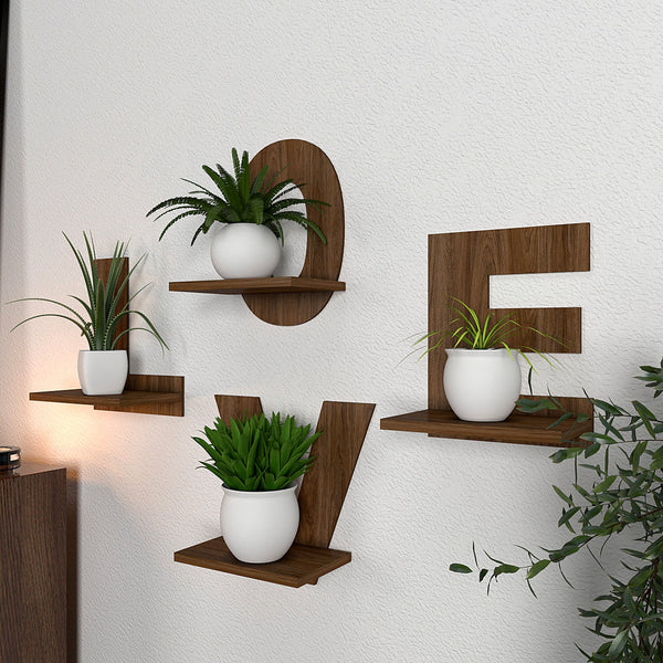 Designer ‘LOVE’ Text Alphabet Dark Walnut Planter Shelf – Set of 4