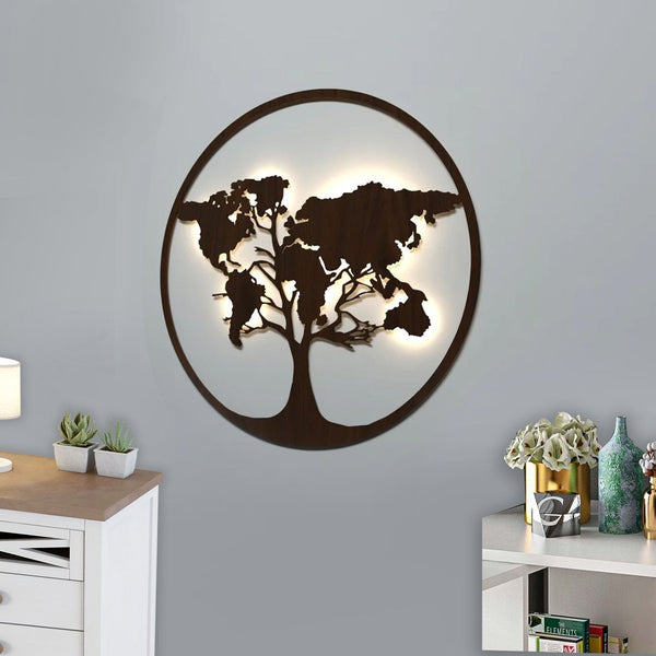 World Map Tree Backlit Wooden Wall Art with LED Night Light Walnut Finish