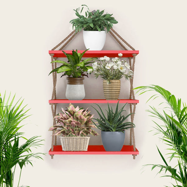 Cross Rope Wooden Wall Hanging Planter Shelf – Red