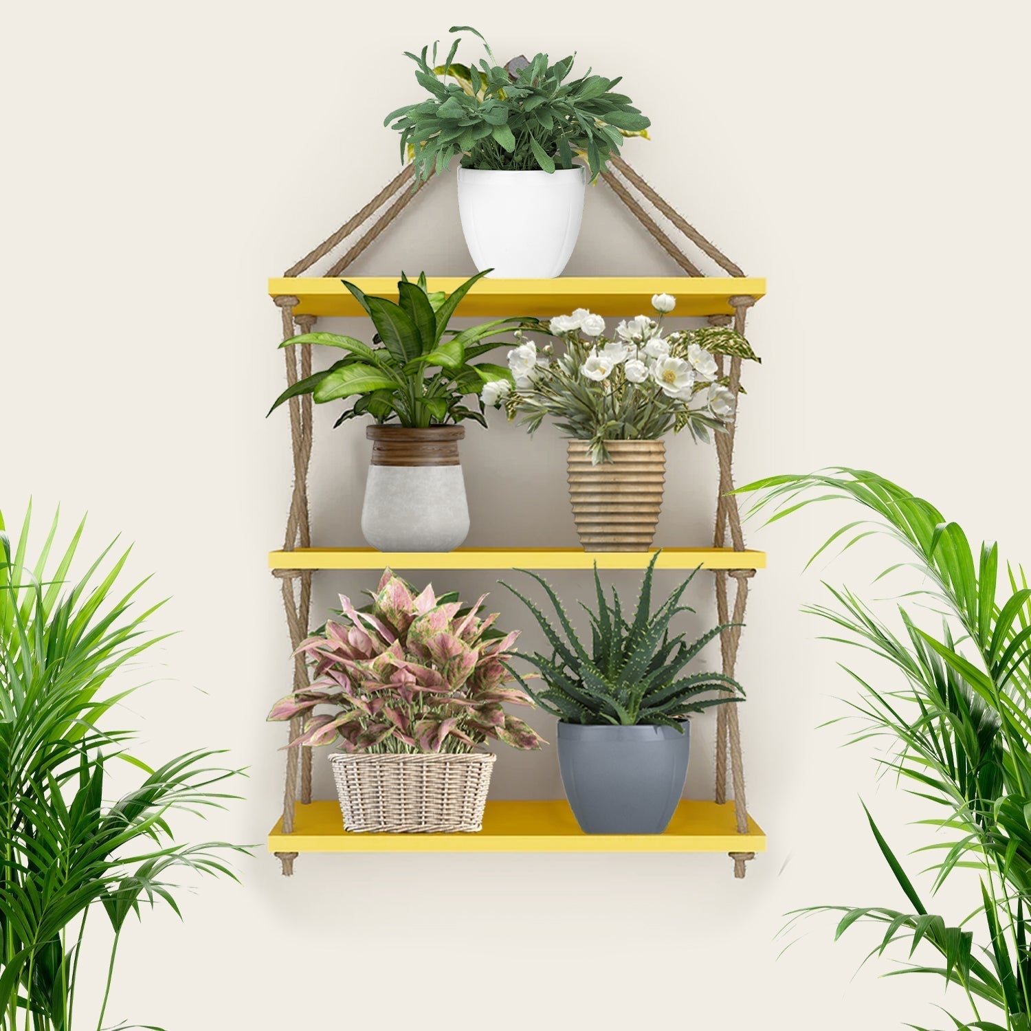 Cross Rope Wooden Wall Hanging Planter Shelf – Yellow